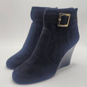 Tory Burch Adrienne Black Suede Buckle Wedge Booties